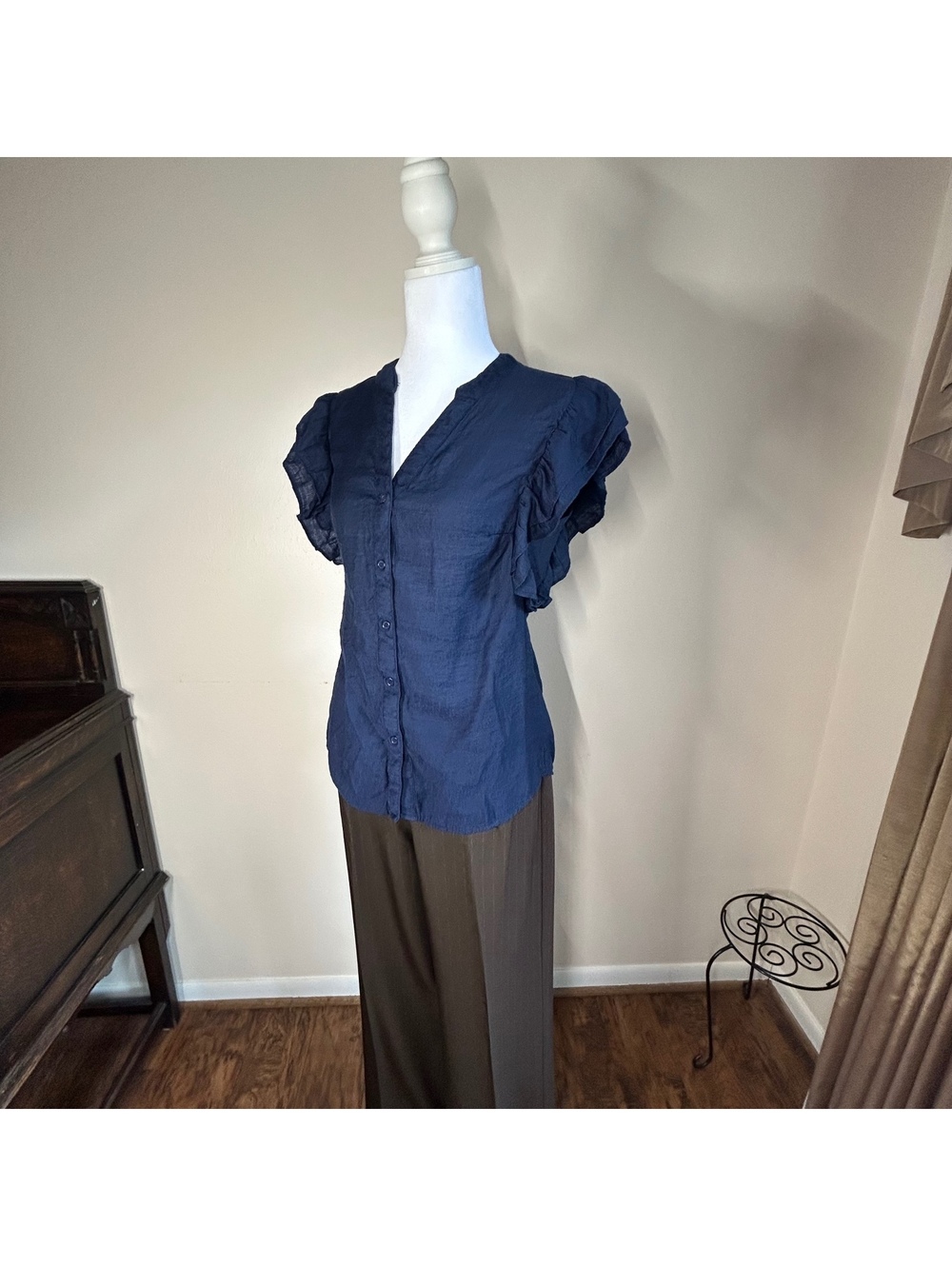 Navy Blue medium Ruffled Sleeve Button-Up Blouse - Picture 2 of 3